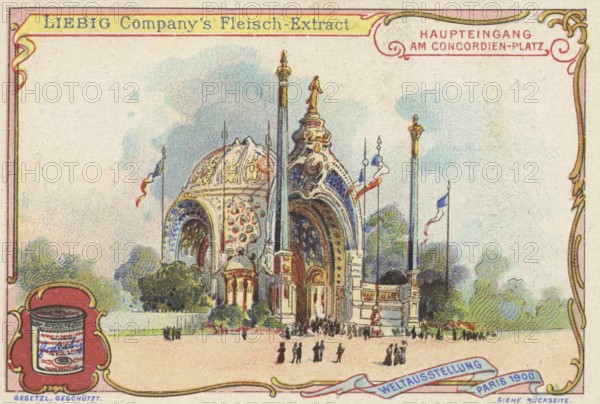 Picture series World Exhibition 1900, Paris, France, main entrance at Concordienplatz, Liebig picture, digitally restored reproduction of a collector's picture from ca 1900, public domain, exact date unknown, entrance gate to the Paris exhibition with ornate architecture, Europe