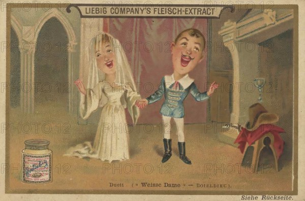 Picture series Singing groups, duet sings the white lady of Boieldiel, Liebig picture, digitally restored reproduction of a collector's picture from around 1900, public domain, exact date unknown, bridal couple in a humorous opera scene with industrialised meat extract in the background