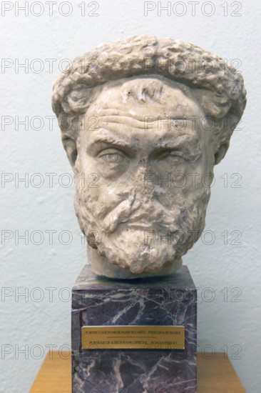 Carved marble Roman portrait head of a high ranking official, archaeology museum, Apollonia Archaeological Park, Albania, Europe