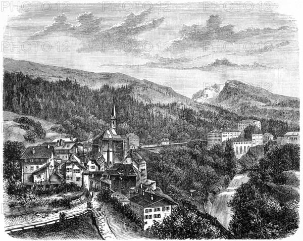 Spa and winter sports resort Bad Gastein in alpine mountain scenery, church, Hohe Tauern National Park, Austria, historical illustration 1882, Europe