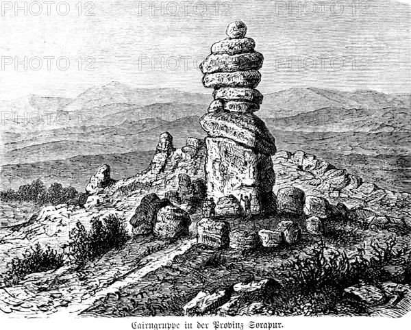 Cairn group in the mountainous province of Sorapur, megalithic monument, stone circle with central stone tower, Near East, history of mankind, historical illustration 1880