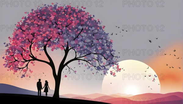 Abstract minimalist spring scene with a single, sharp silhouette of a couple and a blooming tree, hinting at spring freshness, AI generated