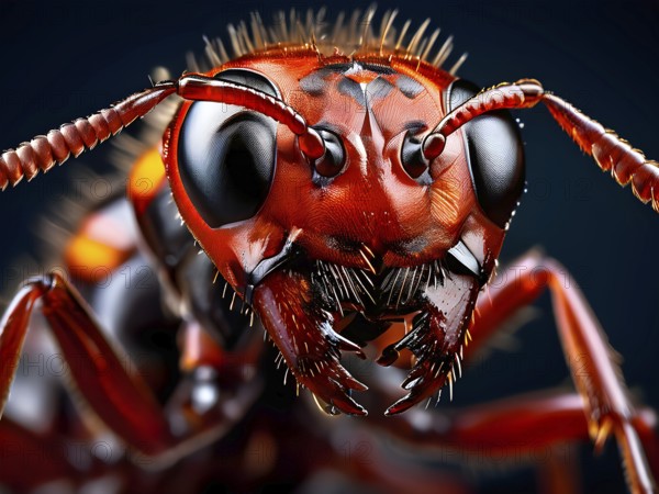 Extreme close-up of a red ant (Formica rufa), focusing on its sharp mandibles, textured exoskeleton, and small sensory hairs, AI generated