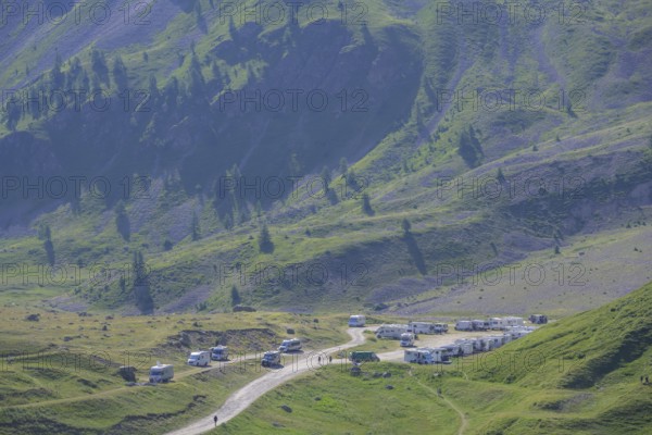 Car park with camper at the Lautaret Pass, Villar-d'Arêne, Département Hautes-Alpes, France, Europe