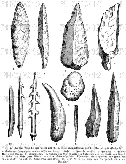 Archaeological finds from the historic Périgord, settlement since the Stone Age, weapons such as knives, axes and spears, tools such as drills and needles, jewellery, history of mankind, France, historical illustration1880, Europe