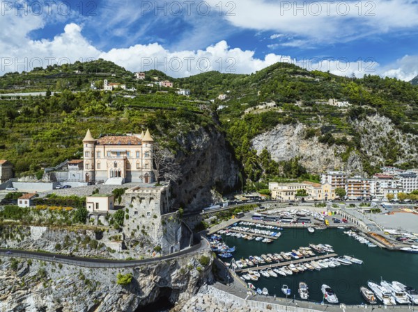 Maiori from a drone, Amalfi Coast, Salerno, Campania, Italy, Europe