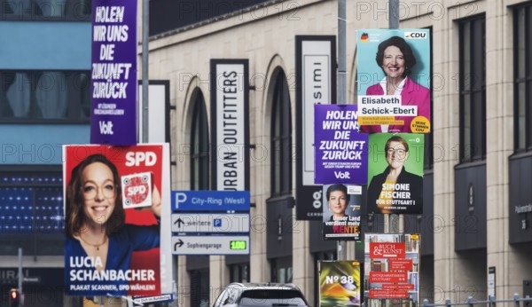 Election posters for the Bundestag election 2025, BTW25. Election advertising of various parties on a street in Stuttgart, Baden-Württemberg, Germany, Europe