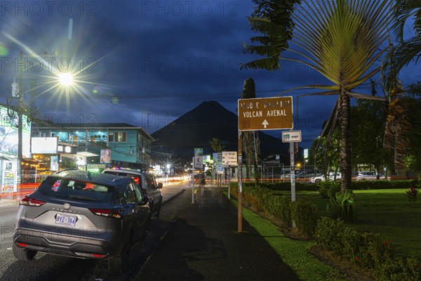 Road with view of the Arenal Volcano, Blue Hour, La Fortuna, Guanacaste, Costa Rica, Central America