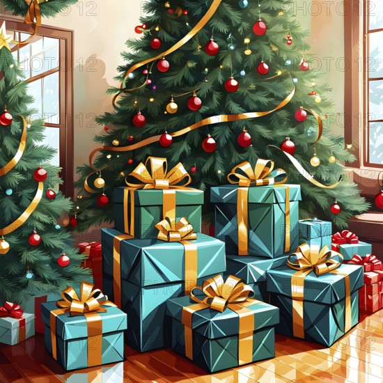 Abstract illustration of wrapped Christmas gifts, shiny ribbons and bows, stacked under a evergreen tree in a cozy living room, AI generated