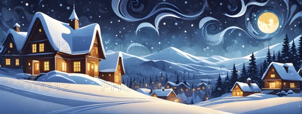 Cozy winter night scene with abstract forms representing a snow-covered village, AI generated