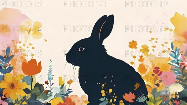 Abstract illustration of a bunny silhouette filled with a collage of spring flowers and vivid pastel colors, set against a soft background, AI generated