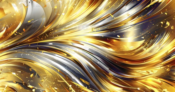 Abstract Illustration of energetic and dynamic swirl of gold, silver, and deep orange hues, representing the passing of time and the burst of excitement associated with New Year's Eve, AI generated