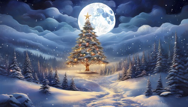 Illustration of a Christmas tree in a snowy landscape on a starry night with a full moon, AI-generated image, AI generated