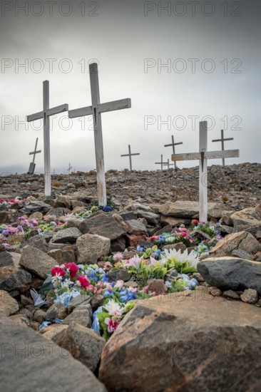 White crosses mark flower-decorated graves in a cemetery in foggy weather, remote Arctic Inuit settlement Ittoqqortoormiit, Scoresbysund or Scoresby Sund or Greenlandic Kangertittivaq, East Greenland, Greenland, North America