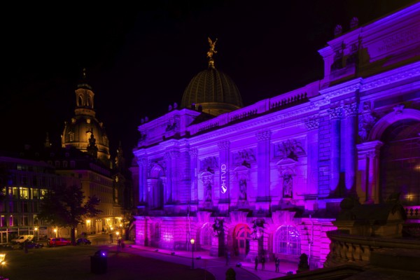 Building of the new Saxon Art Association on Georg Treu Platz, illuminated in colour. With Church of Our Lady, lemon press and Fama, Dresden, Saxony, Germany, Europe