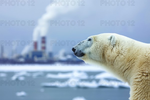 Climate change, global warming and environmental pollution. Polar bear animal extinction, AI generated