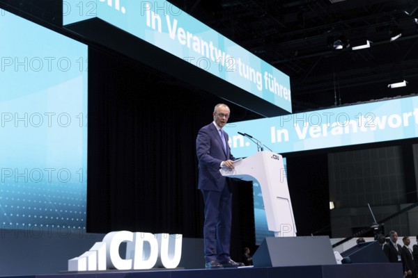 Berlin, Germany, 6 May 2024: Friedrich Merz, Chairman of the Christian Democratic Union of Germany (CDU), speaks during the CDU Germany 2024 party conference, Europe