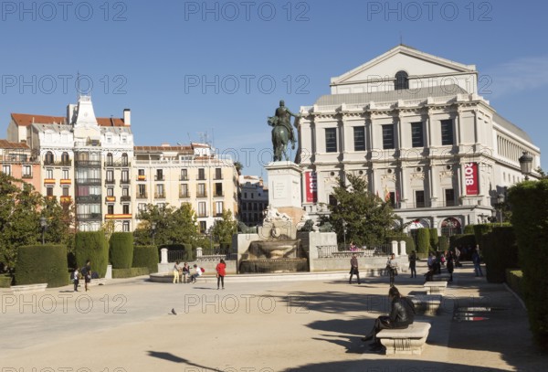 Opera House theatre, Plaza de Oriente equestrian statue King Felipe IV designed by Velazquez, Madrid, Spain, Europe