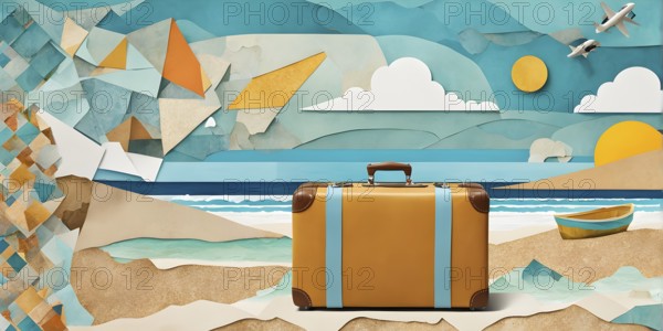 Vintage collage of a tourist with suitcase on a beach symbolizing vacation, AI generated