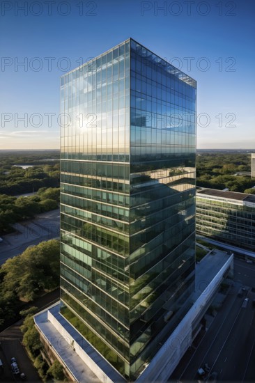 Office building with a full glass facade at daylight with a blue sky, AI generated