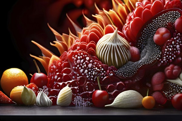 AI generated surreal food art blending an intricately detailed food sculpture interwoven with digital elements