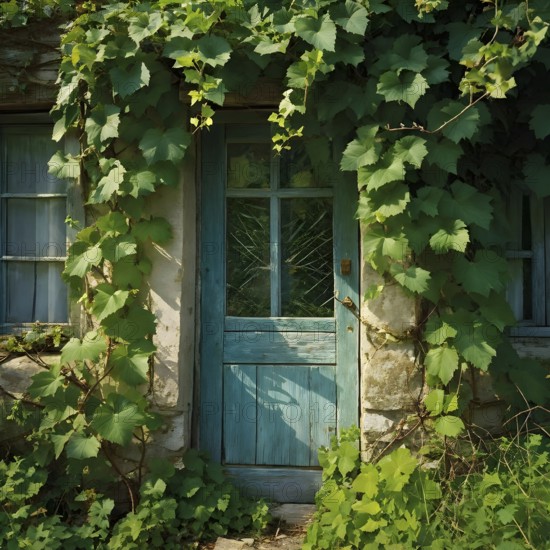 AI generated close up of a rustic vineyard cottage nestled amidst lush summer colored vine leaves