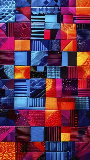 Abstract geometric patchwork illustration with vibrant intersecting geometric shapes filled with digital pattern, AI generated