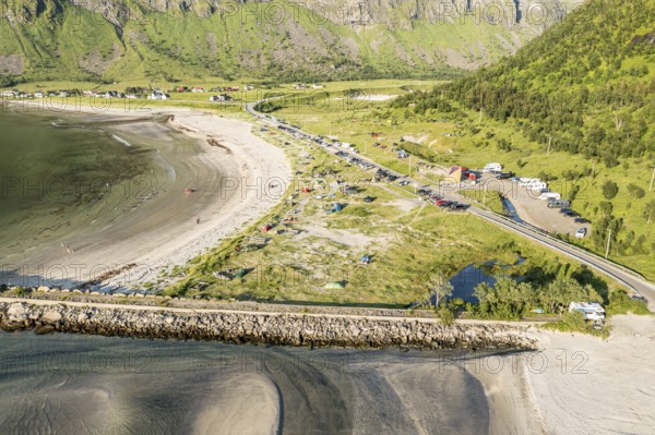 Aerial view of campsite at beach Ersfjordstranden, fjord Ersfjord, golden restroom, Senja island, Troms, northern Norway, Norway, Europe