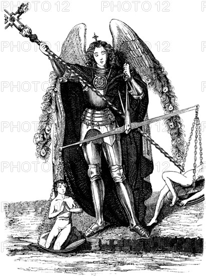 Archangel Michael, from the Gdansk altarpiece, The Judgement of the World, armour, armour, soul scales, wings, conqueror of Satan, Gdansk, Poland, historical illustration 1880, Europe