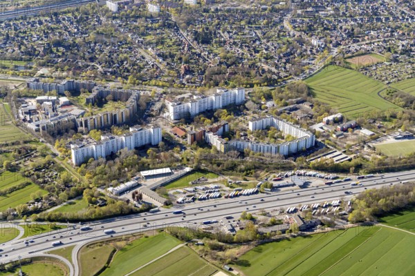 Kirchdorf Süd, housing, housing estate, large housing estate, social housing, motorway service area, Stillhorn, aerial view, Hamburg