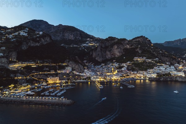 Amalfi at night from a drone, Salerno, Campania, Italy, Europe