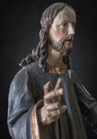 Christ on the palm donkey, detail, wooden figure from around 1880, on a dark background, Dominican convent in Wettenhausen, Swabia, Bavaria, Germany, Europe