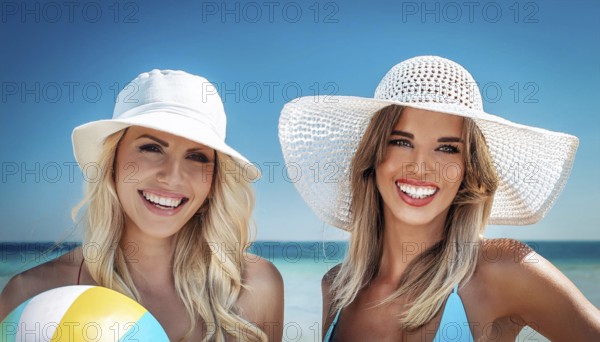 Two young woman in sun hats playing with a beach ball on the beach in the Caribbean