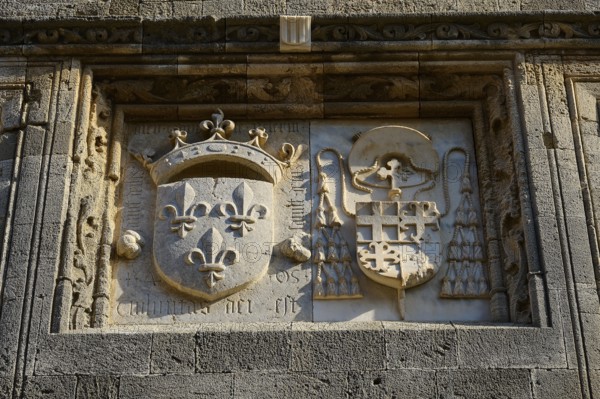 Stone relief with two decorated coats of arms, one with a crown, in a rectangular frame, Knights' Street, Rhodes Old Town, Rhodes Town, Rhodes, Dodecanese, Greek Islands, Greece, Europe