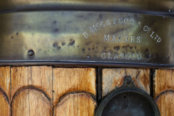 Inscription McGregor & Co. Ltd, Glasgow, steel four-masted barque Pommern, windjammer with jubilee rig, Maritime Museum, Mariehamm, Åland or Aland Islands, Finland, Europe