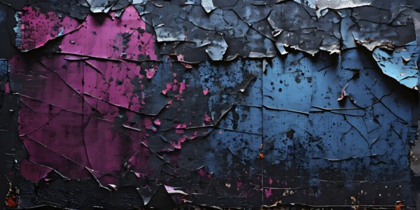 Vintage style collage featuring textured grunge posters in hues of black, blue and magenta, AI generated