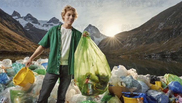 Symbolism, rubbish, young man standing with rubbish in front of a rubbish dump, AI-generated, AI generated