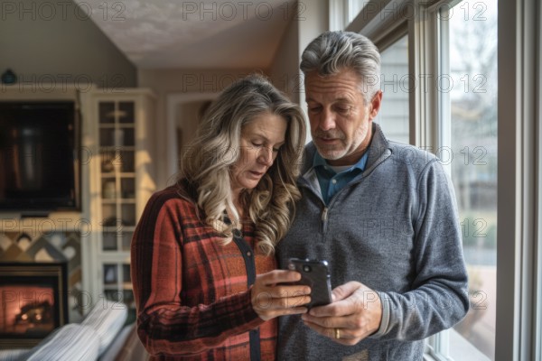 An elderly couple stand at the window in their living room and look worried, frightened, unsettled at a smartphone, symbolic image for fraud against senior citizens, grandchild trick, shock calls, disclosure of personal data such as password, bank details, home address, media literacy, AI generated, AI generated, AI generated