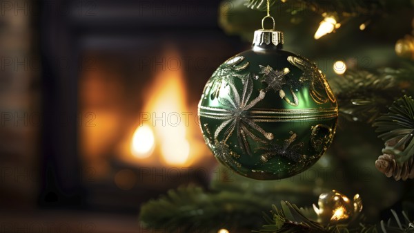 Christmas ornament hanging on a tree, with reflections of twinkling lights and fireplace flames flickering in the background, AI generated