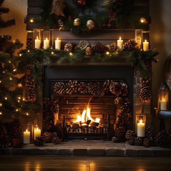 A cozy fireplace mantle decorated with pine cones, garlands, and lit candles, with a close-up focus on a burning candle flame, AI generated