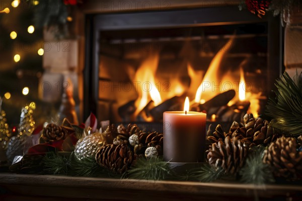 A cozy fireplace mantle decorated with pine cones, garlands, and lit candles, with a close-up focus on a burning candle flame, AI generated