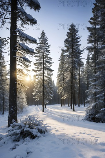 Peaceful snowy forest clearing at dawn with snow softly blanketing the ground and frost-covered pine trees, AI generated