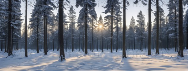 Peaceful snowy forest clearing at dawn with snow softly blanketing the ground and frost-covered pine trees, AI generated