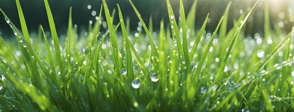 Fresh green grass blades with morning dew, capturing the sparkling droplets and soft sunlight, AI generated