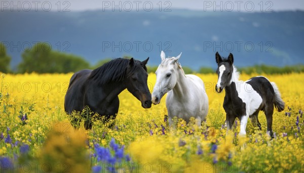 Horse family, stallion, mare and two foals, studio, AI generated