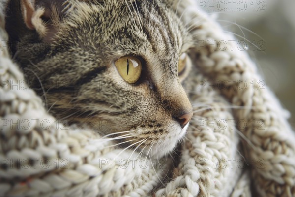 Cute tabby cat wrapped in cozy knitted blanket. Generative Ai, AI generated