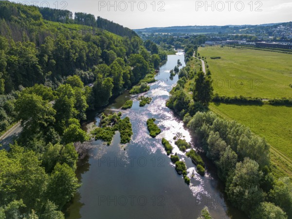 The Ruhr near Wickede, renaturalised, since 2013 river sections of the Ruhr that were previously canal-like have been renaturalised, sandbanks created and riverbanks unleashed, North Rhine-Westphalia, Germany, Europe