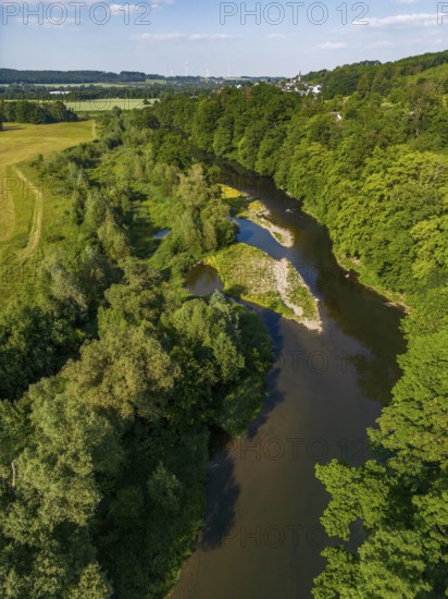 The Ruhr near Wickede, renaturalised, since 2013 river sections of the Ruhr that were previously canal-like have been renaturalised, sandbanks created and riverbanks unleashed, North Rhine-Westphalia, Germany, Europe