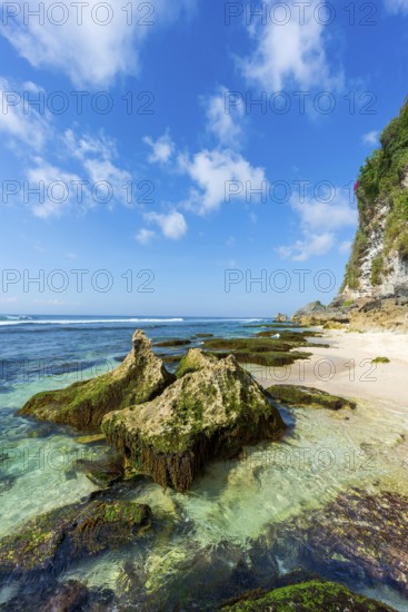 Sea, beach, water, rock, nature, landscape, coast, travel, holiday, tourism, beach holiday, seascape, seascape, cliffs, faraway, pacific, sky, ocean, blue, summer, island, coastline, lake, beautiful, tropical, holiday cliché, dream holiday, idyll, idyllic, bay, cove, picturesque, empty, nobody, Suluban beach, Uluwatu, Bali, Indonesia, Asia