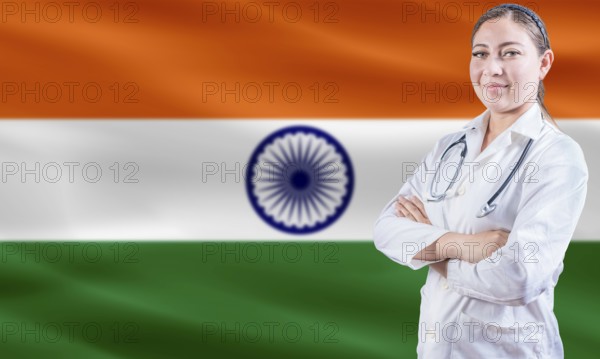 Female doctor on India flag. Doctor with crossed arms on India flag. India Health and Care concept